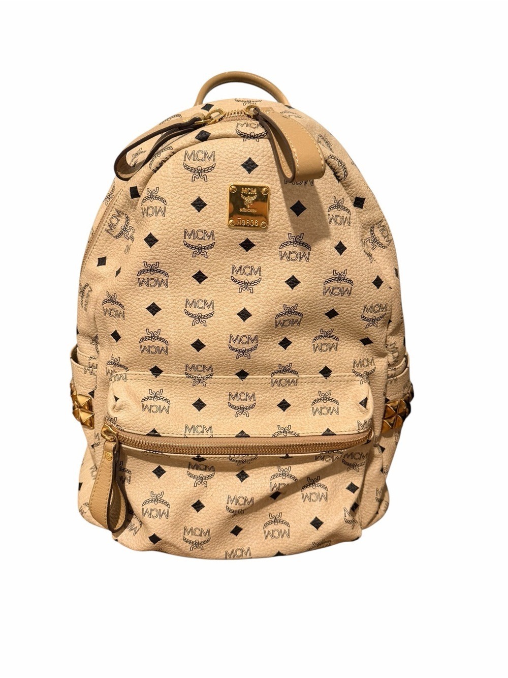 MCM Beige Visetos Monogram Leather Backpack with Gold Hardware